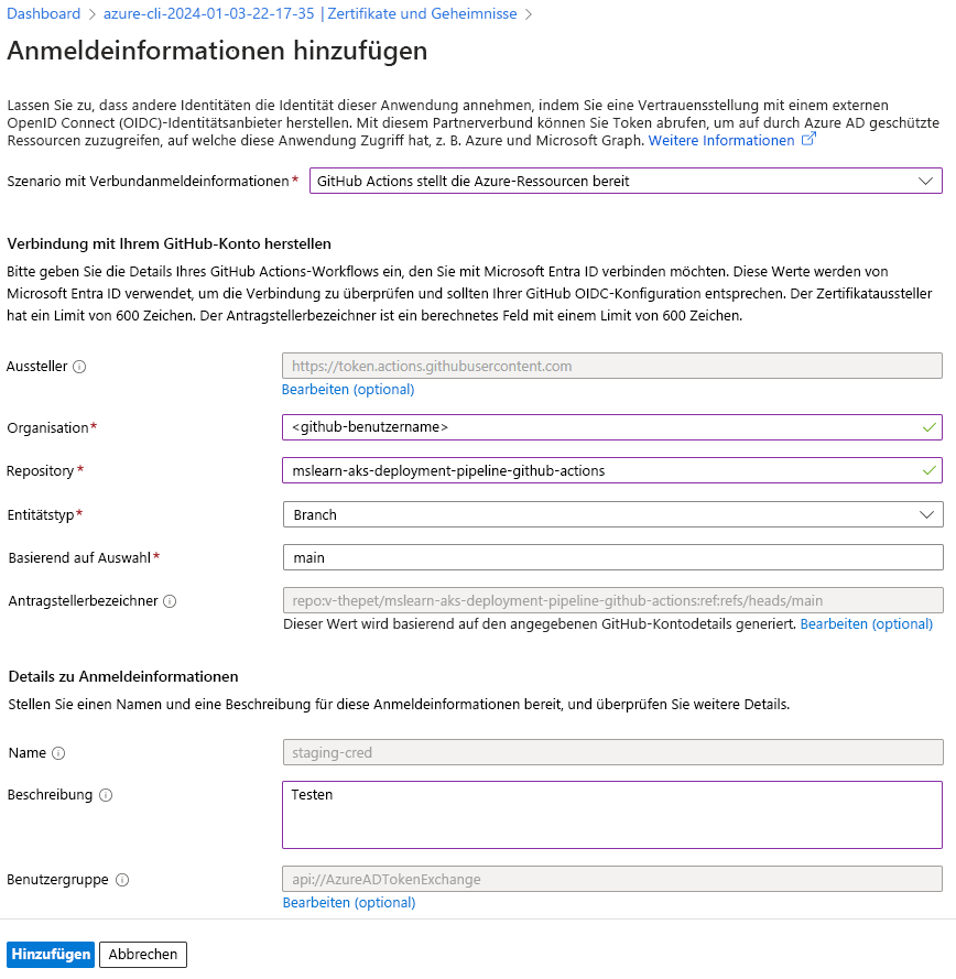Screenshot of the Add credential screen for the GitHub Actions staging credential.