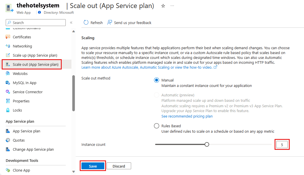 Screenshot: Seite „Konfigurieren“ für den App Service-Plan, horizontales Skalieren auf fünf Instanzen