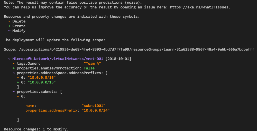 Screenshot der Azure CLI mit der Ausgabe des Was-wäre-wenn-Vorgangs.