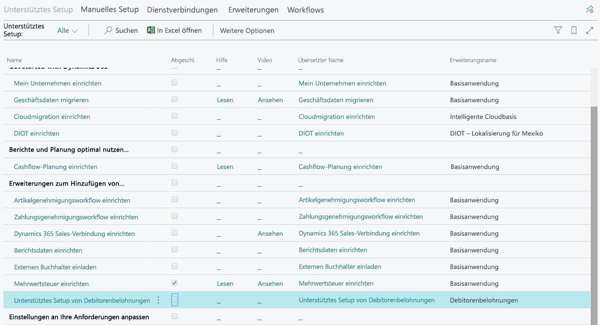 Screenshot der Seite „Unterstützte Einrichtung“ mit hervorgehobenem Einrichtungsanleitung „Assistent für Debitorenbelohnungen“