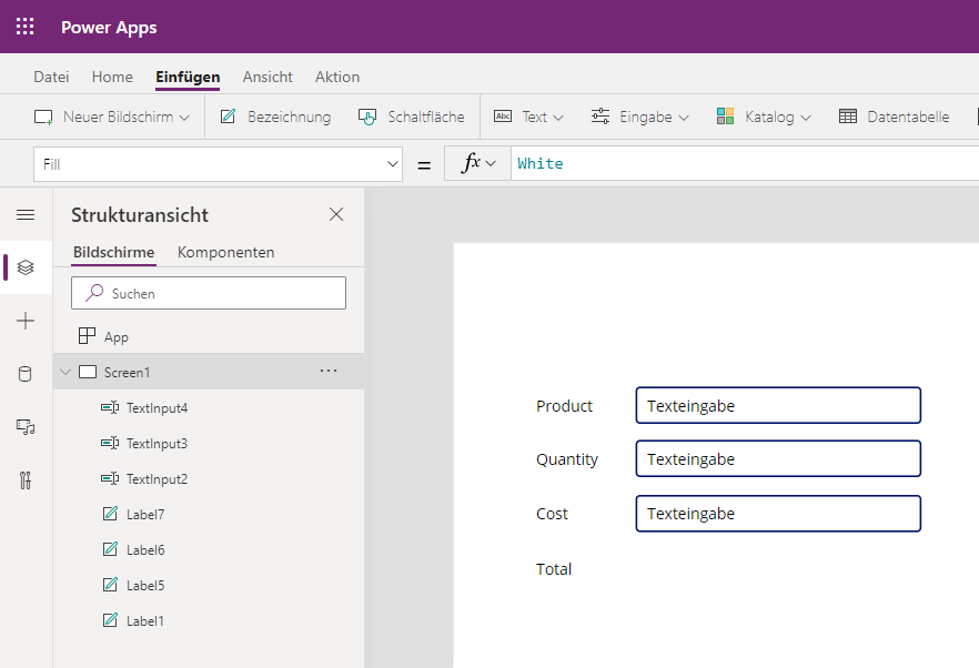 Screenshot von Power Apps Treeview Screen1 – Texteingaben