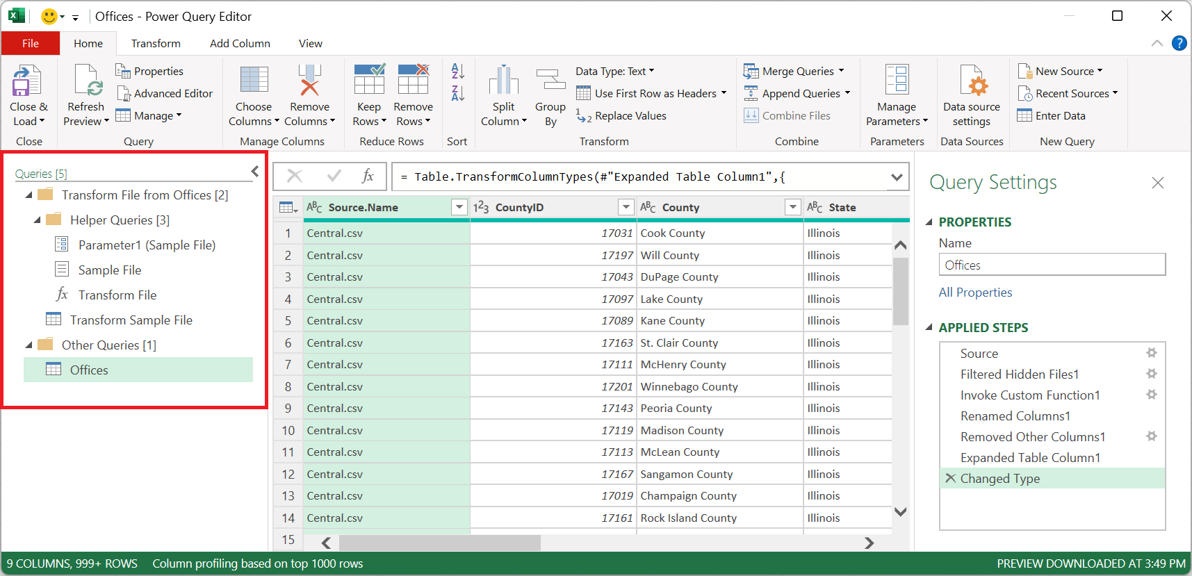Screenshot des Abfragebereichs mit dem Ordner „Hilfsabfragen“ mit Parametern, Funktionen und Abfragen.