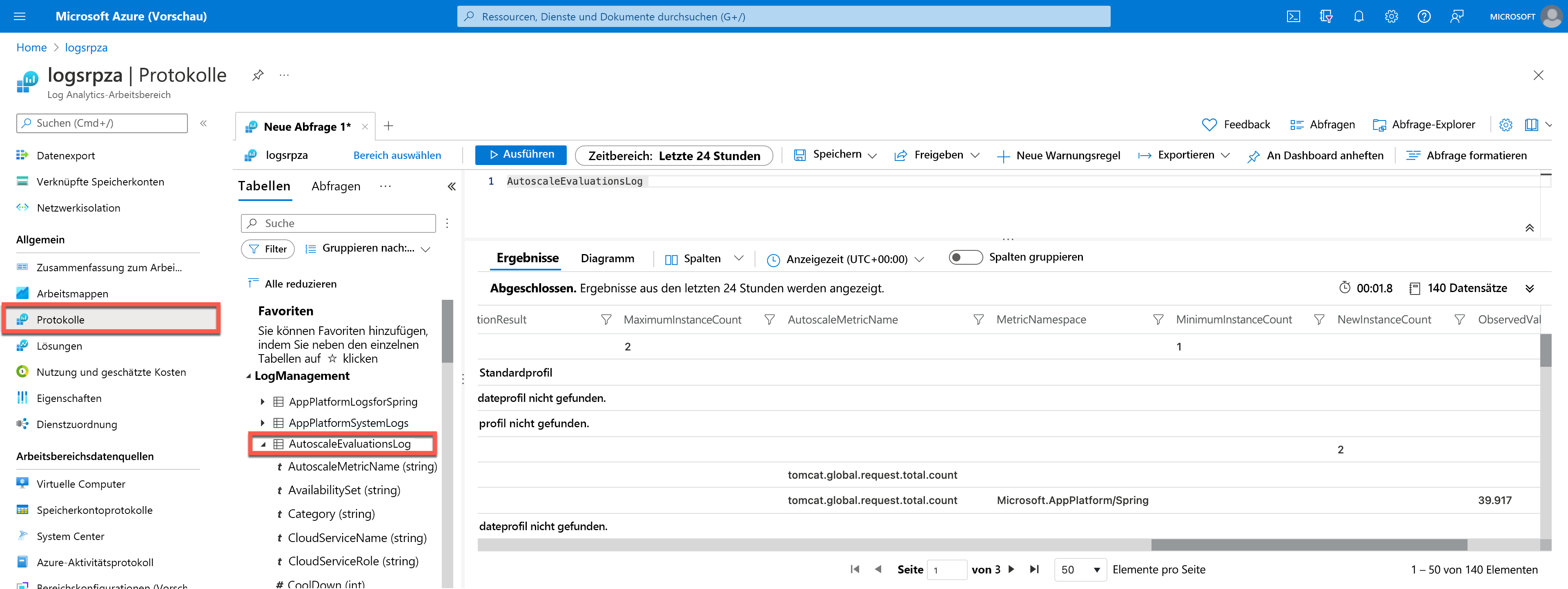 Screenshot: Log Analytics-Menü im Azure-Portal