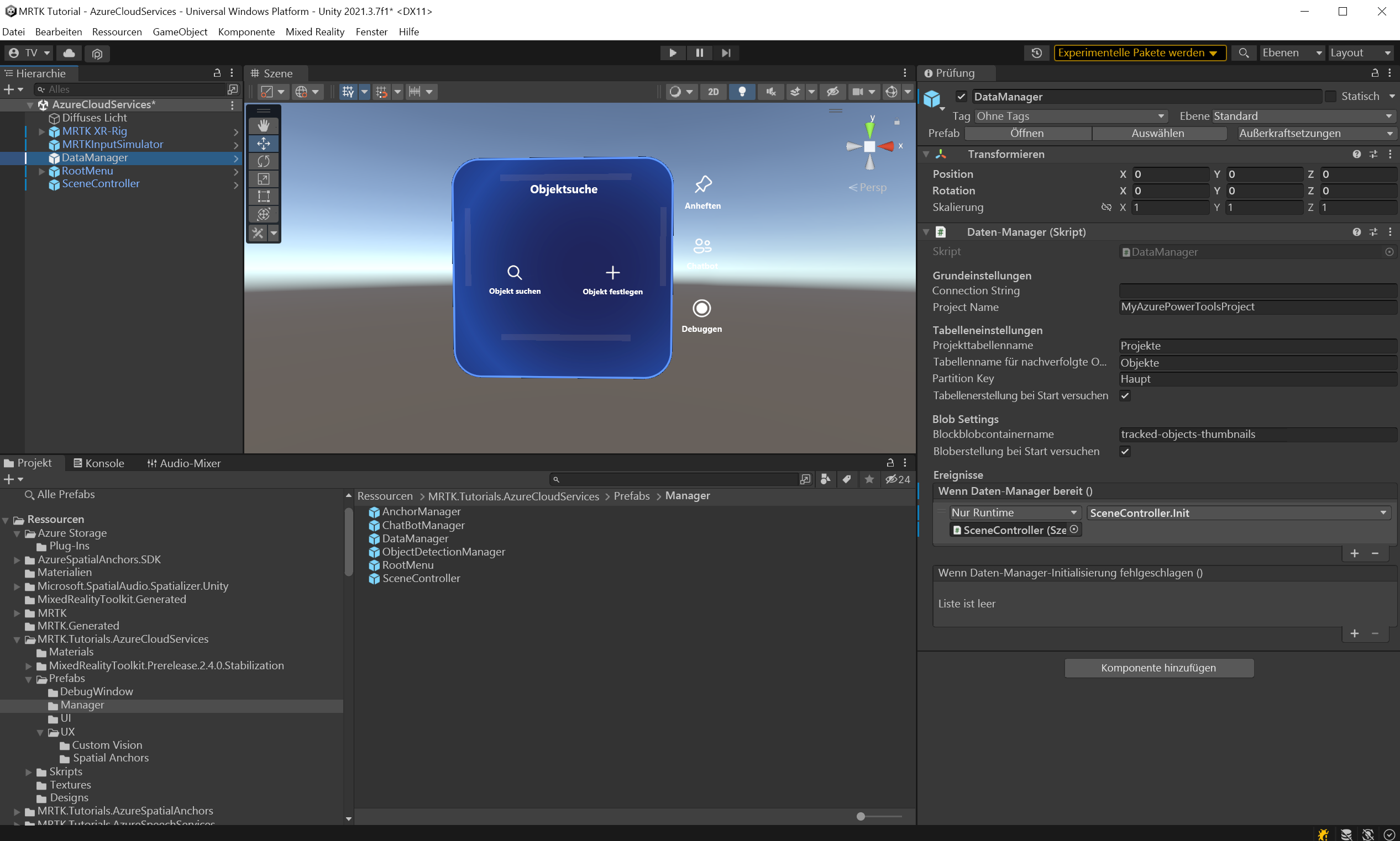 Screenshot of Unity with DataManager script component configuration fields shown in Inspector.