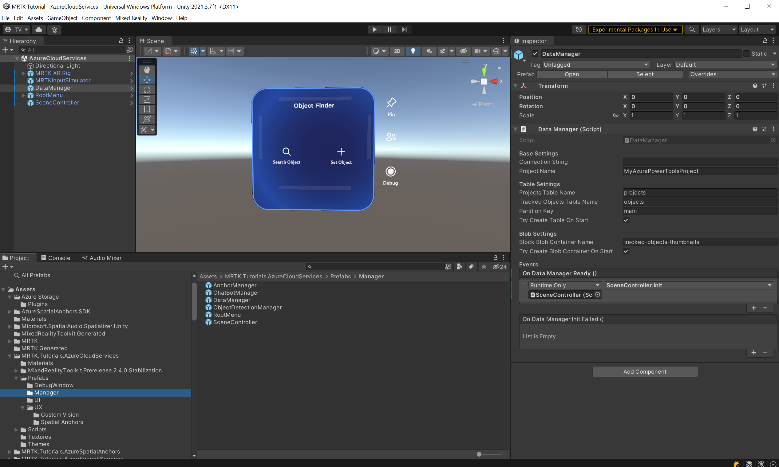 Screenshot of Unity with Project window showing path to ObjectDetectionManager prefab.