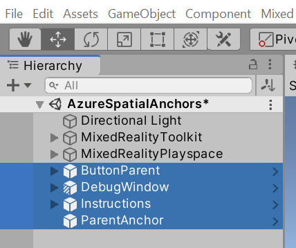 Screenshot of prefabs added to the Hierarchy pane.