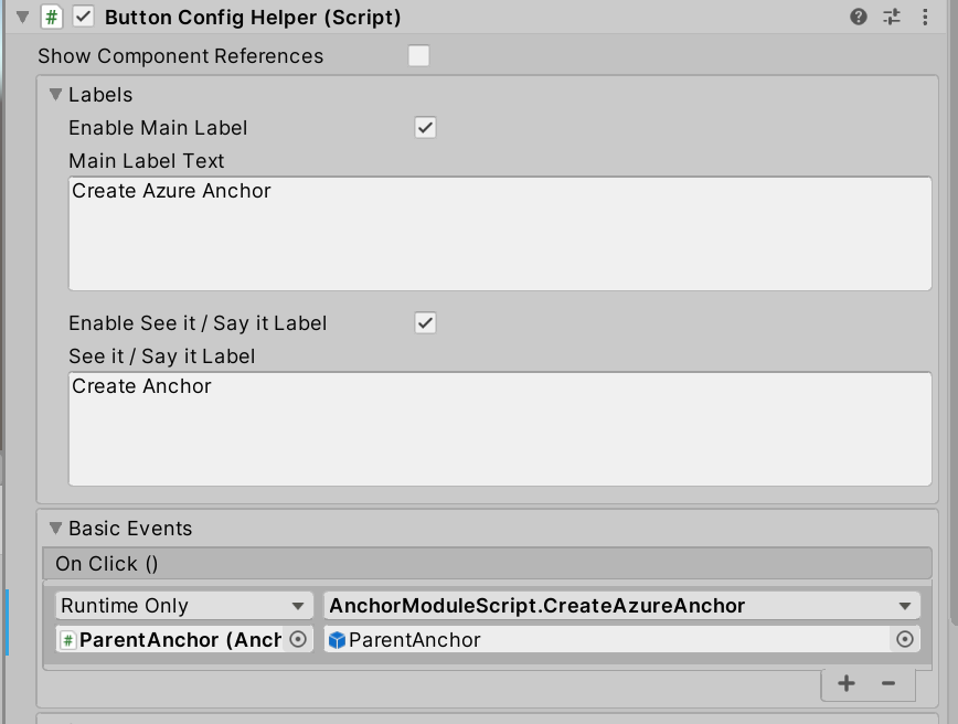 Screenshot of Unity with the CreateAzureAnchor button's OnClick event configured.