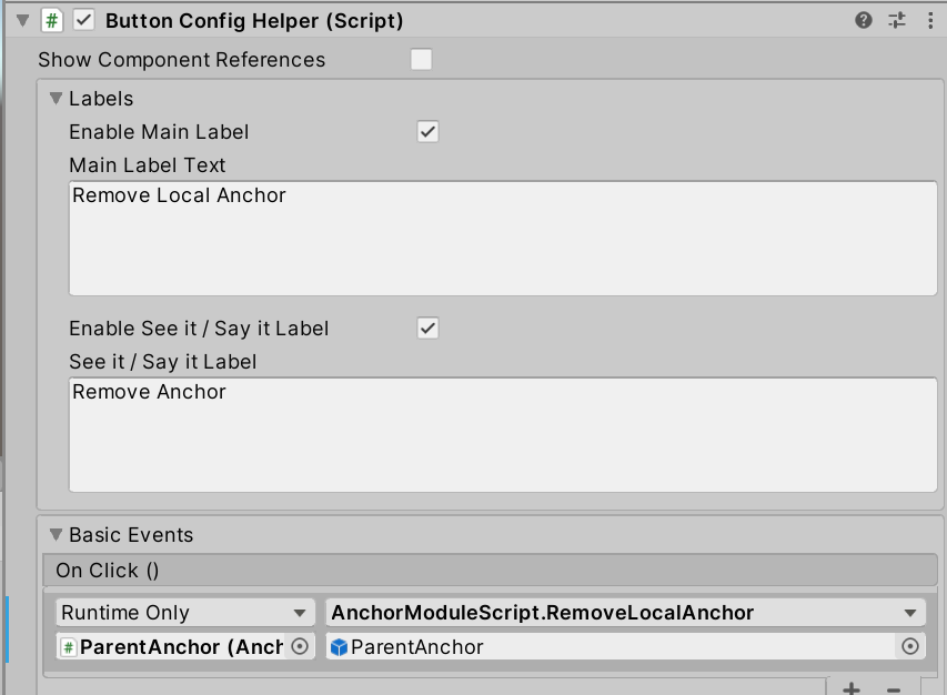 Screenshot of Unity with the RemoveLocalAnchor button's OnClick event configured.