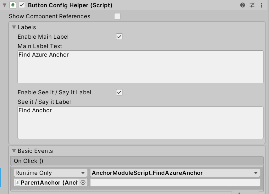 Screenshot of Unity with the FindAzureAnchor button's OnClick event configured.