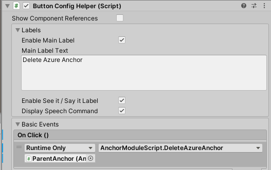 Screenshot of Unity with the DeleteAzureAnchor button's OnClick event configured.
