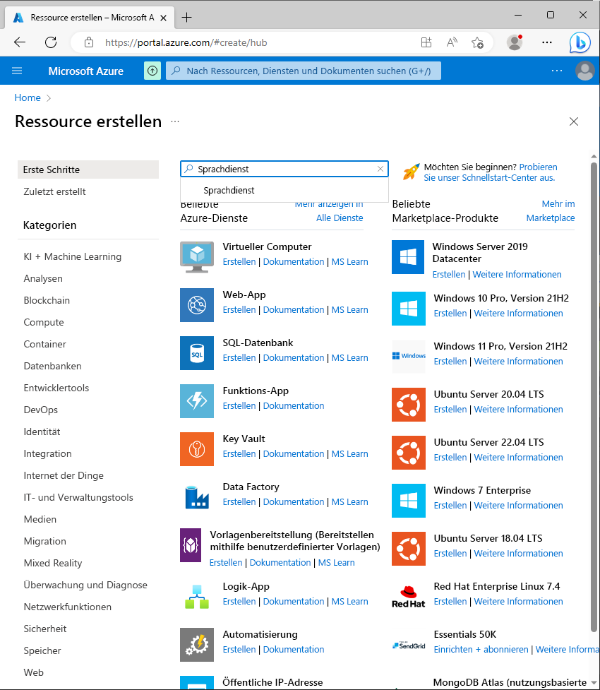 Screenshot of the Azure language service resource.