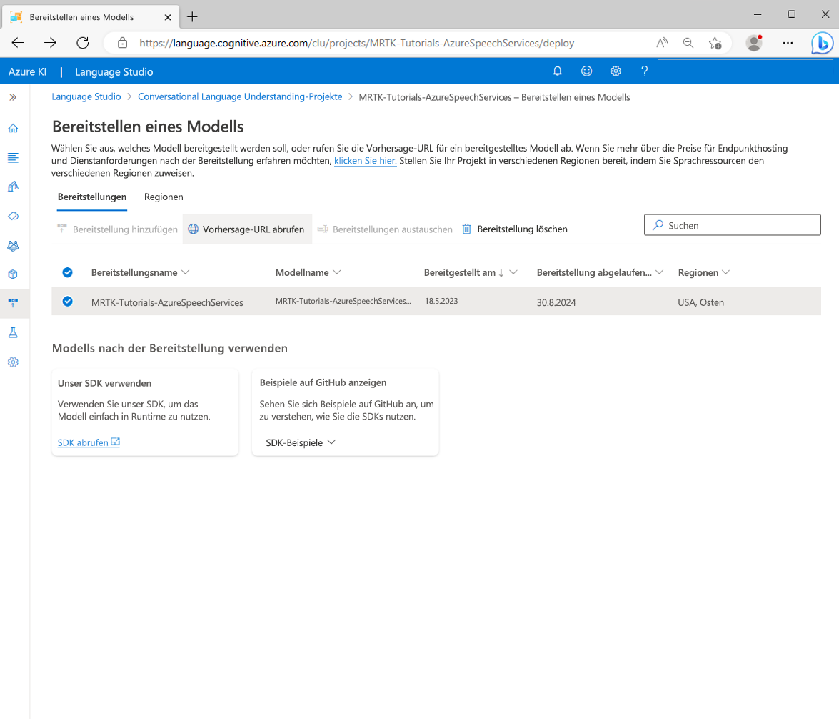 Screenshot of the Get Prediction URL page.