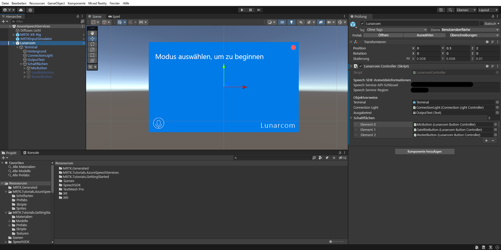 Screenshot of configuring Speech SDK Credentials.