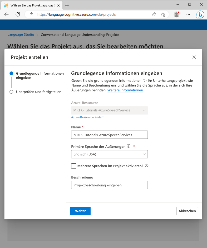 Screenshot of the Create a project popup.