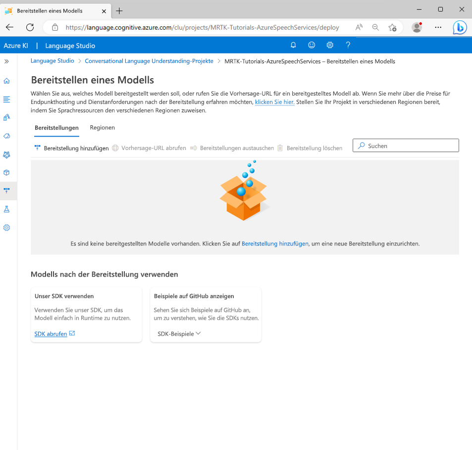 Screenshot of the Deploying a model page.