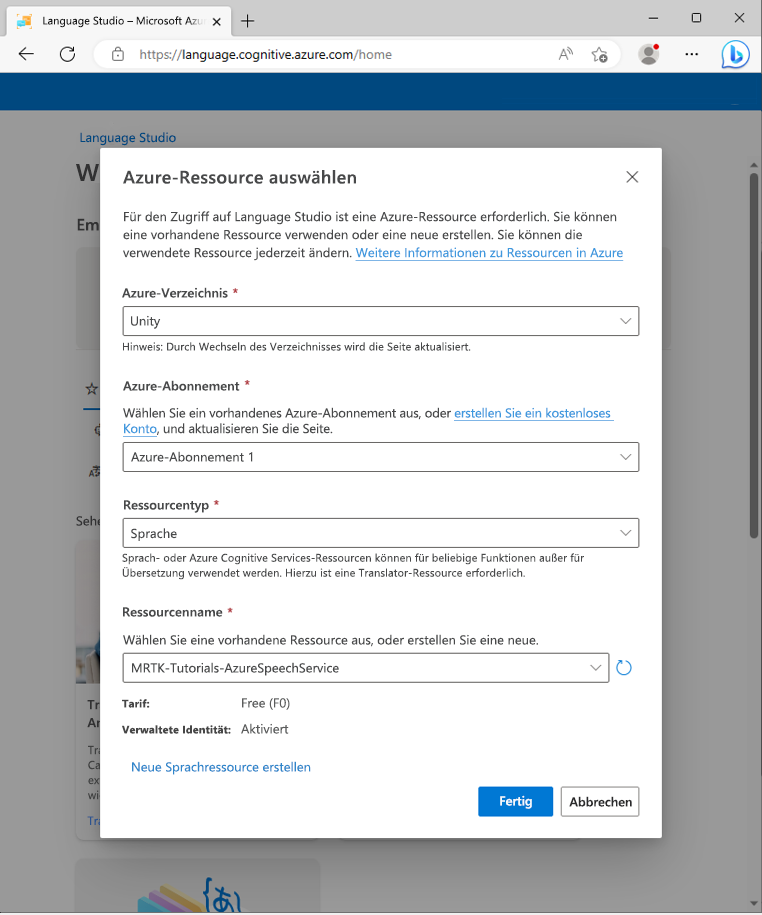 Screenshot showing the Select an Azure resource popup.