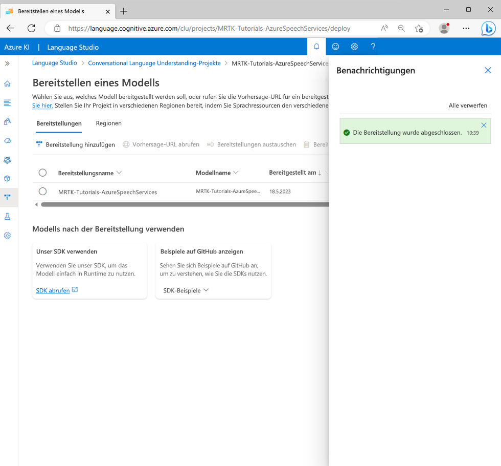 Screenshot of the Deployment completed notification.