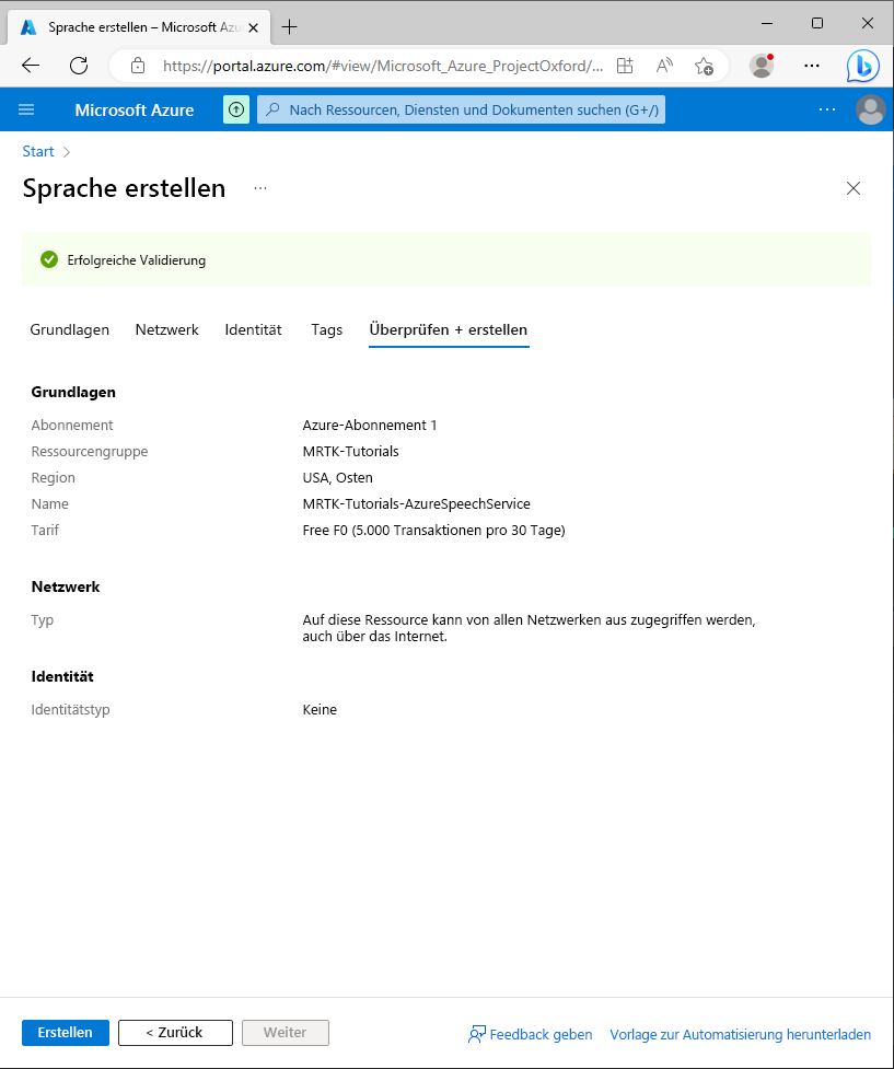 Screenshot of the Review + Create screen.