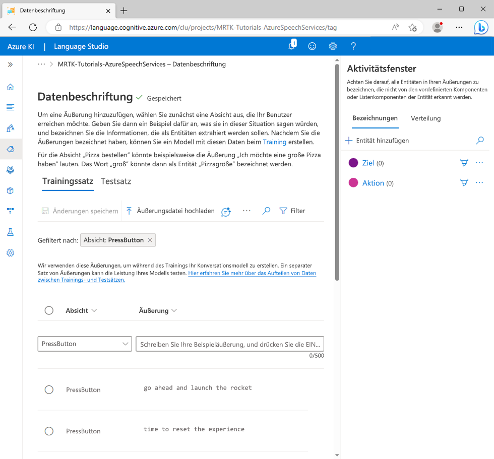 Screenshot of creating a target entity.