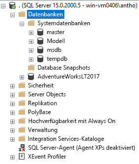 Screenshot of what a SQL Server 2019 deployment looks like in SSMS.