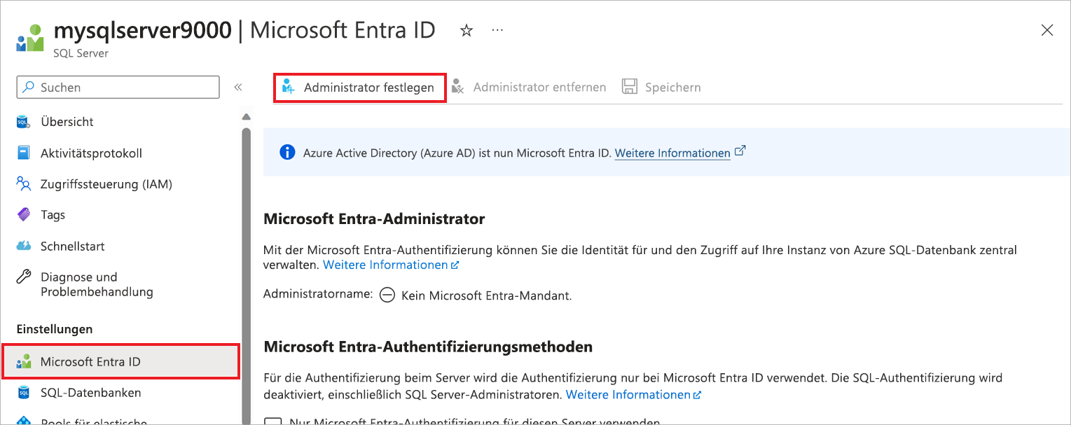 Screenshot of setting the Microsoft Entra administrator.