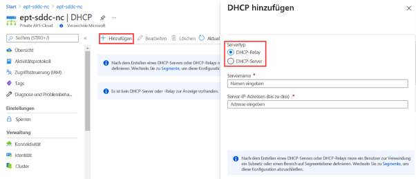 Screenshot des Azure-Portals mit dem Hinzufügen eines DHCP-Servers oder eines DHCP-Relays zur privaten AVS-Cloud.