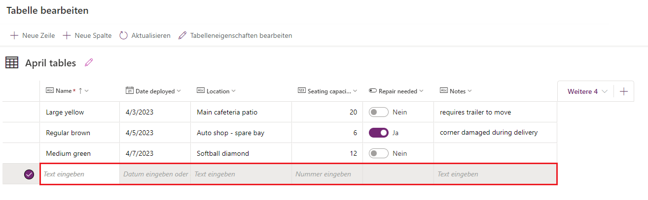 Screenshot mit der Tabelle mit drei Einträgen und einer hervorgehobenen Leerzeile mit Hinweistextaufforderungen
