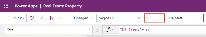 Screenshot der Einstellung der Größe auf 13 auf der Symbolleiste