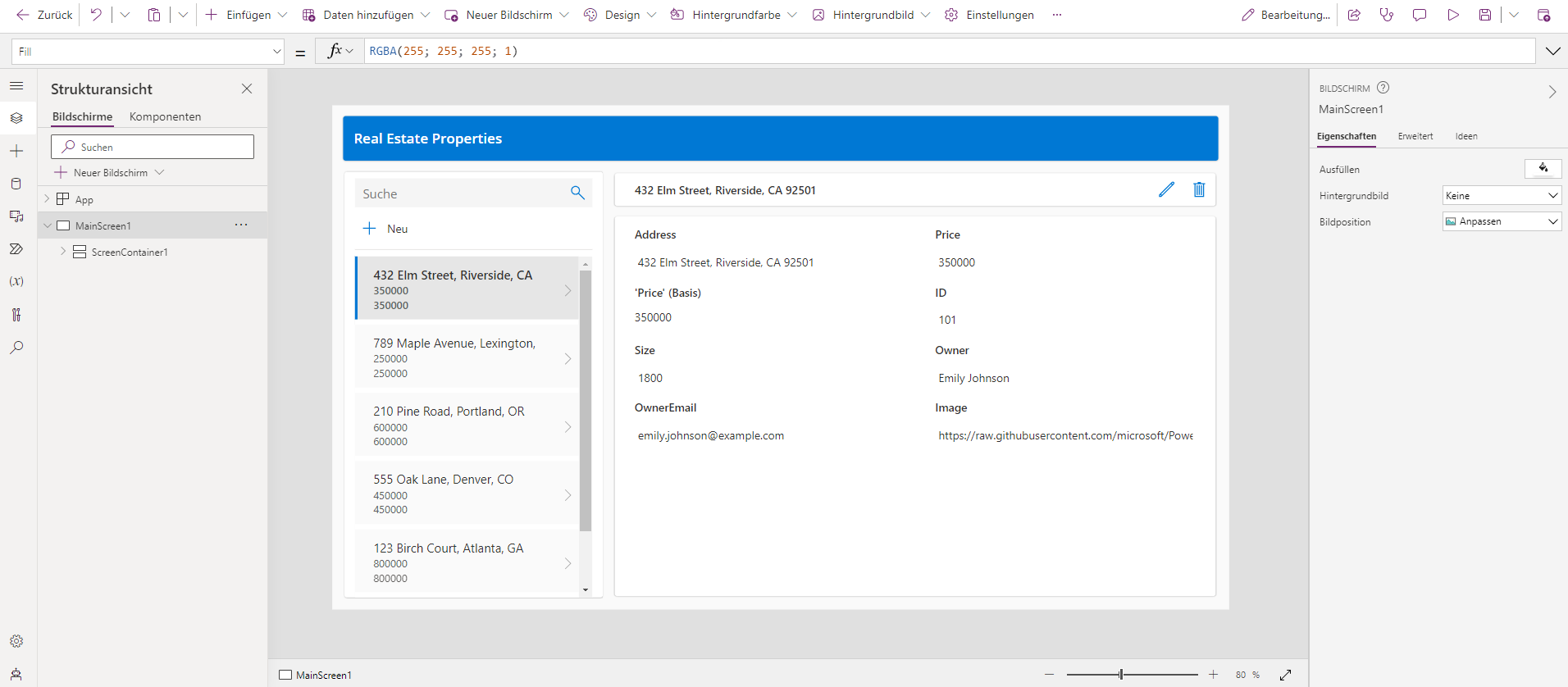 Screenshot der generierten App in Power Apps Studio