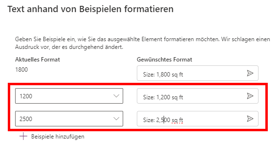 Screenshot der aktuellen Formatoptionen, die den gewünschten Formatoptionen zugeordnet sind