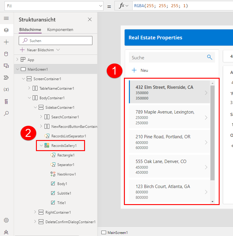 Screenshot der Katalogs mit den Details zu Real Estate Property