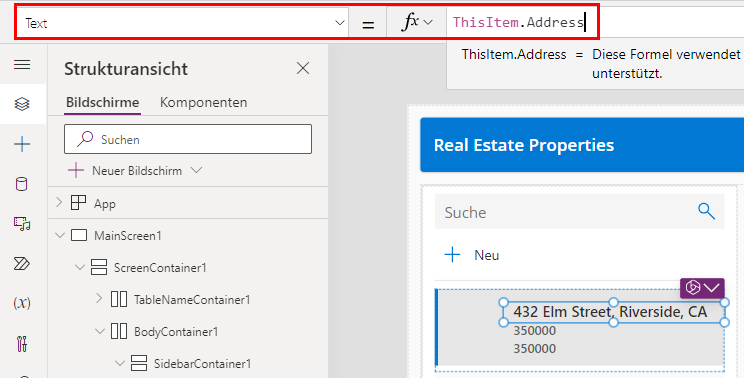 Screenshot der Text-Eigenschaft in der Formelleiste