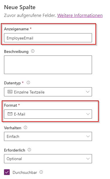 Screenshot der Spalte „EmployeeEmail” mit hervorgehobenen Feldern „Anzeigename“, „Datentyp“ und „Erforderlich“