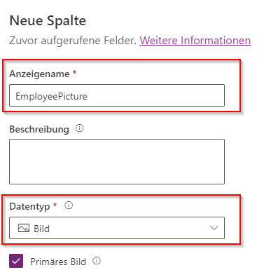 Screenshot der Spalten „EmployeePicture“ mit hervorgehobenen Feldern „Anzeigename“ und „Datentyp“ sowie aktiviertem Kontrollkästchen „Primäres Bild“