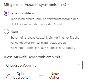Screenshot von „ChLocationCountry“, im Feld „Diese Auswahl synchronisieren mit“ und der Option „Ja“ unter „Mit globaler Auswahl synchronisieren”