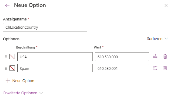 Screenshot der Optionen USA und Spanien, die als neue Elemente aufgelistet sind
