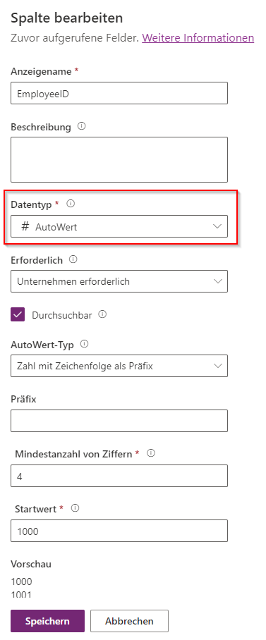 Screenshot des Bereichs „Spalte bearbeiten“ mit dem Datentyp „Automatische Nummerierung“.
