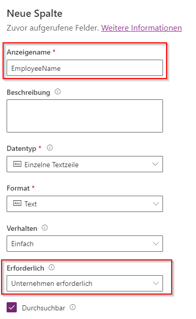 Screenshot des Menüs „Mitarbeitername“ mit hervorgehobenen Feldern „Anzeigename“, „Datentyp“ und „Erforderlich“