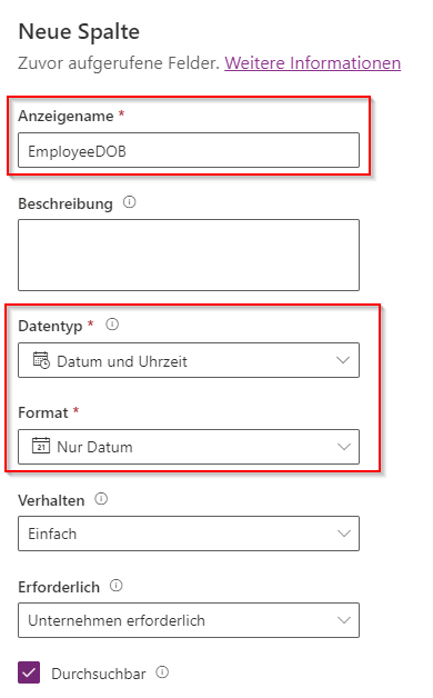 Screenshot der Spalte „EmployeeDateofBirth“ mit hervorgehobenen Feldern „Anzeigename“, „Datentyp“ und „Erforderlich“