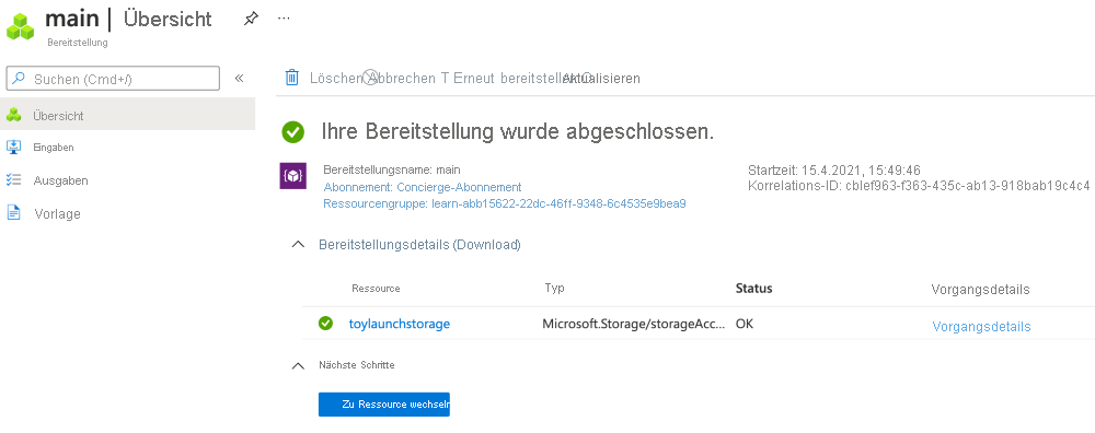 Screenshot des Azure-Portals für die Bereitstellung mit einer Speicherkontoressource