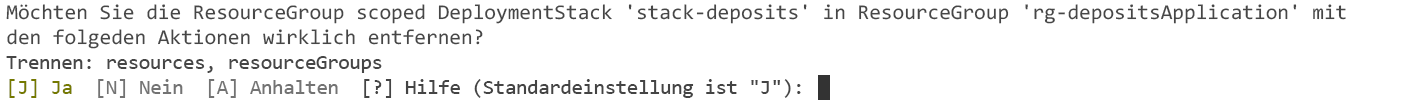 Screenshot einer Befehlszeilenbestätigung zum Löschen des Bereitstellungsstapels mithilfe von Azure PowerShell.
