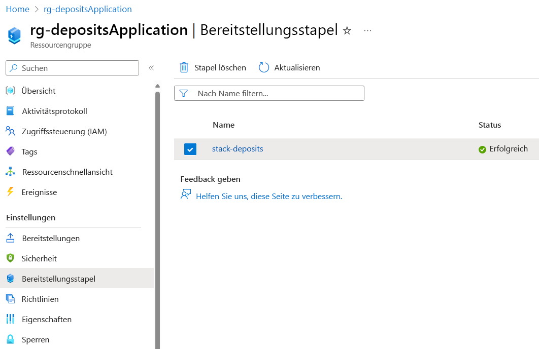 Screenshot des Azure-Portals mit den Einstellungen einer Ressourcengruppe und dem Speicherort von Bereitstellungsstapeln.