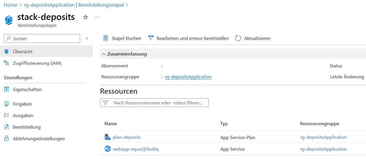 Screenshot des Azure-Portals mit den Eigenschaften eines Bereitstellungsstapels, einschließlich der verwalteten Ressourcen.