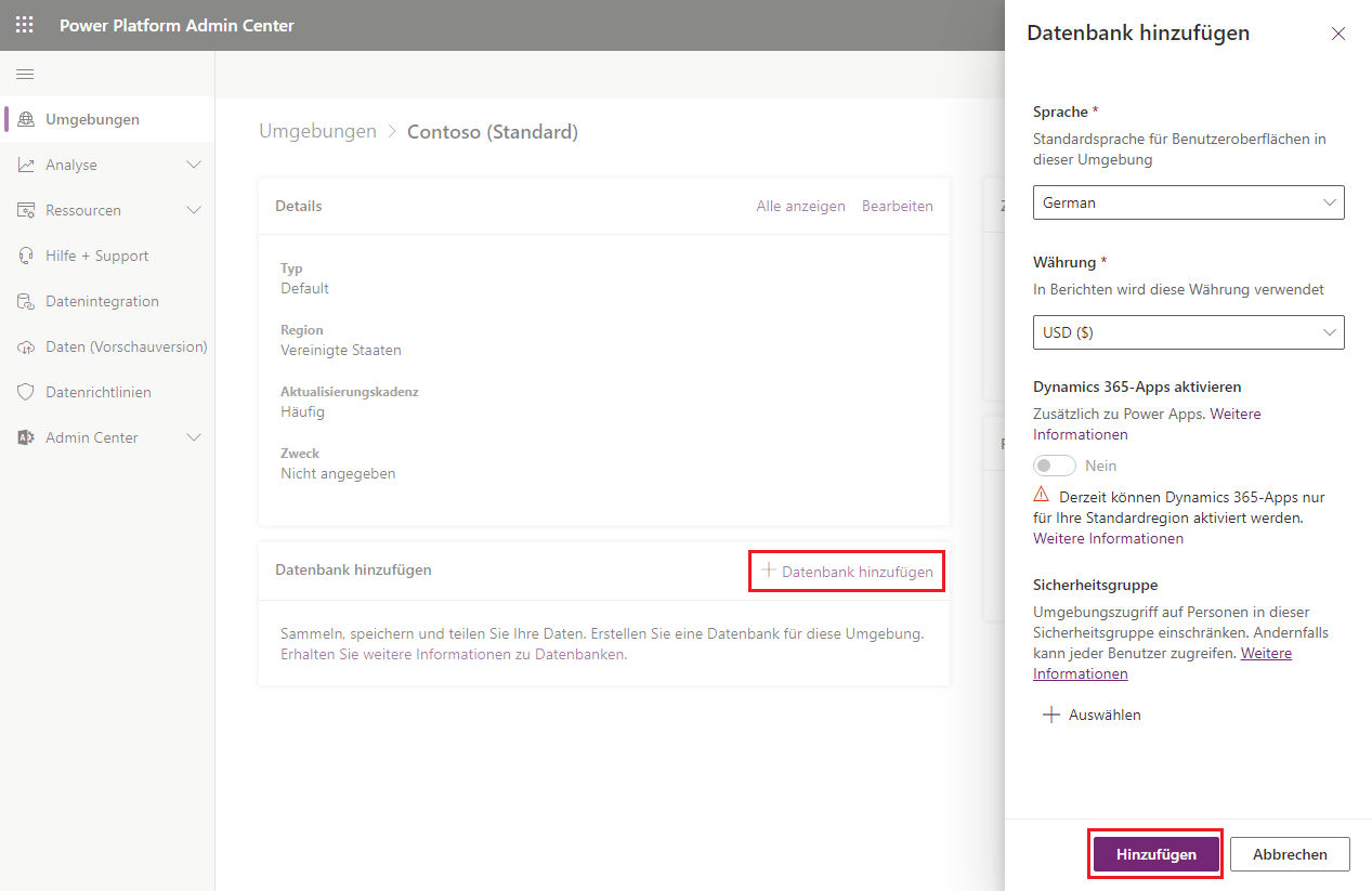Screenshot der Funktion „Datenbank hinzufügen“ mit Details und der Schaltfläche „Hinzufügen“