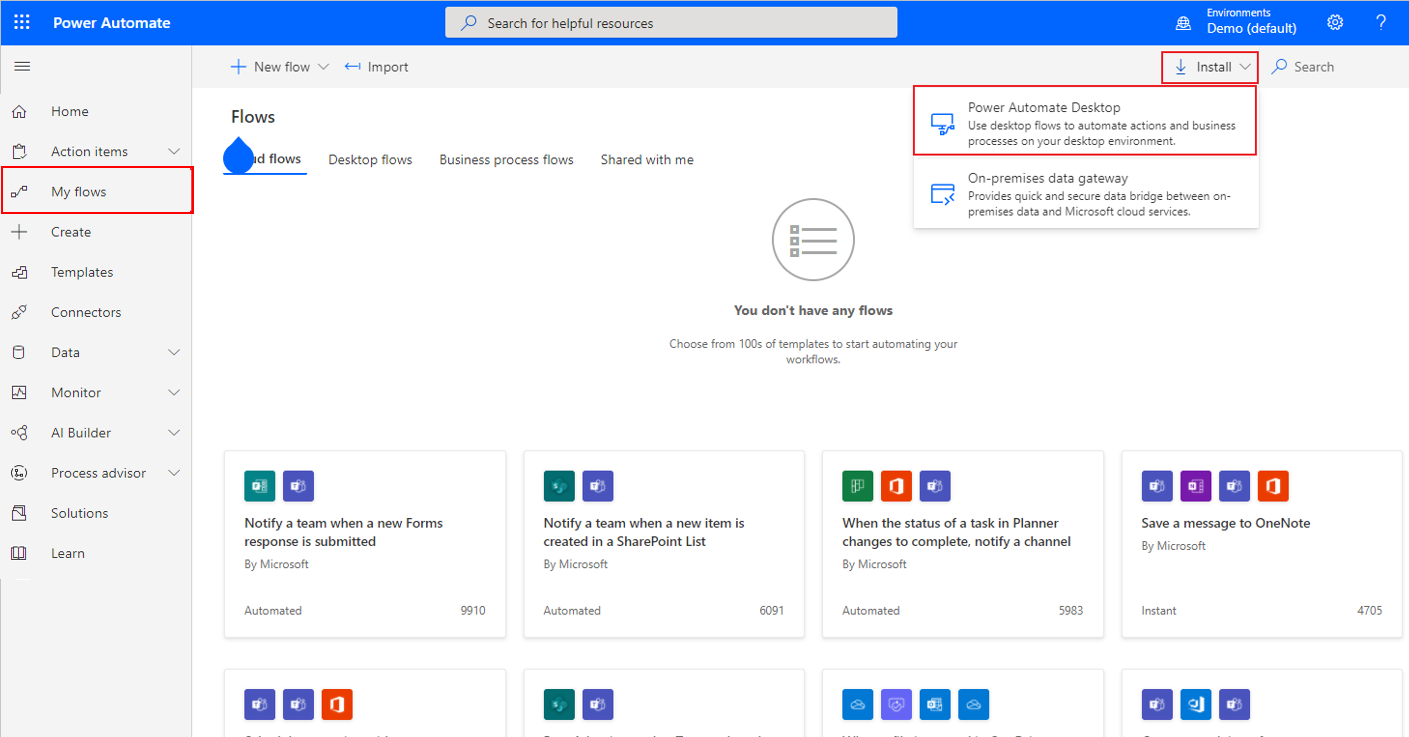 Screenshot des Installationsmenüs mit der Option „Power Automate für Desktop“