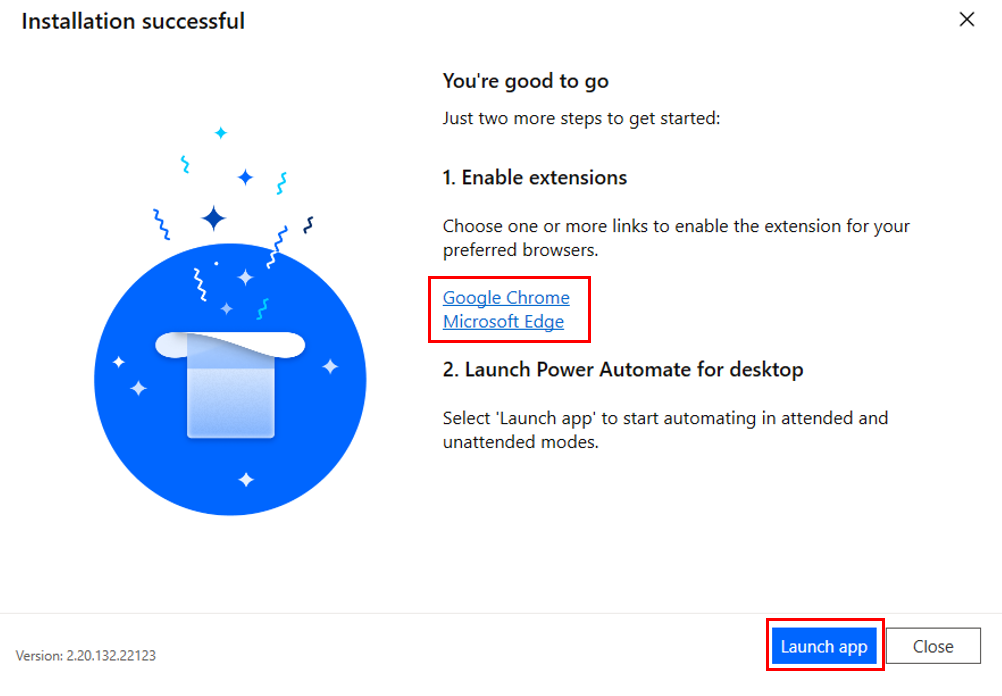Screenshot des Bildschirms „Installation erfolgreich“ mit der Schaltfläche „Power Automate starten“
