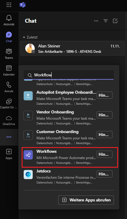 Screenshot der Workflows-App, falls sie nicht bereits hinzugefügt wurde
