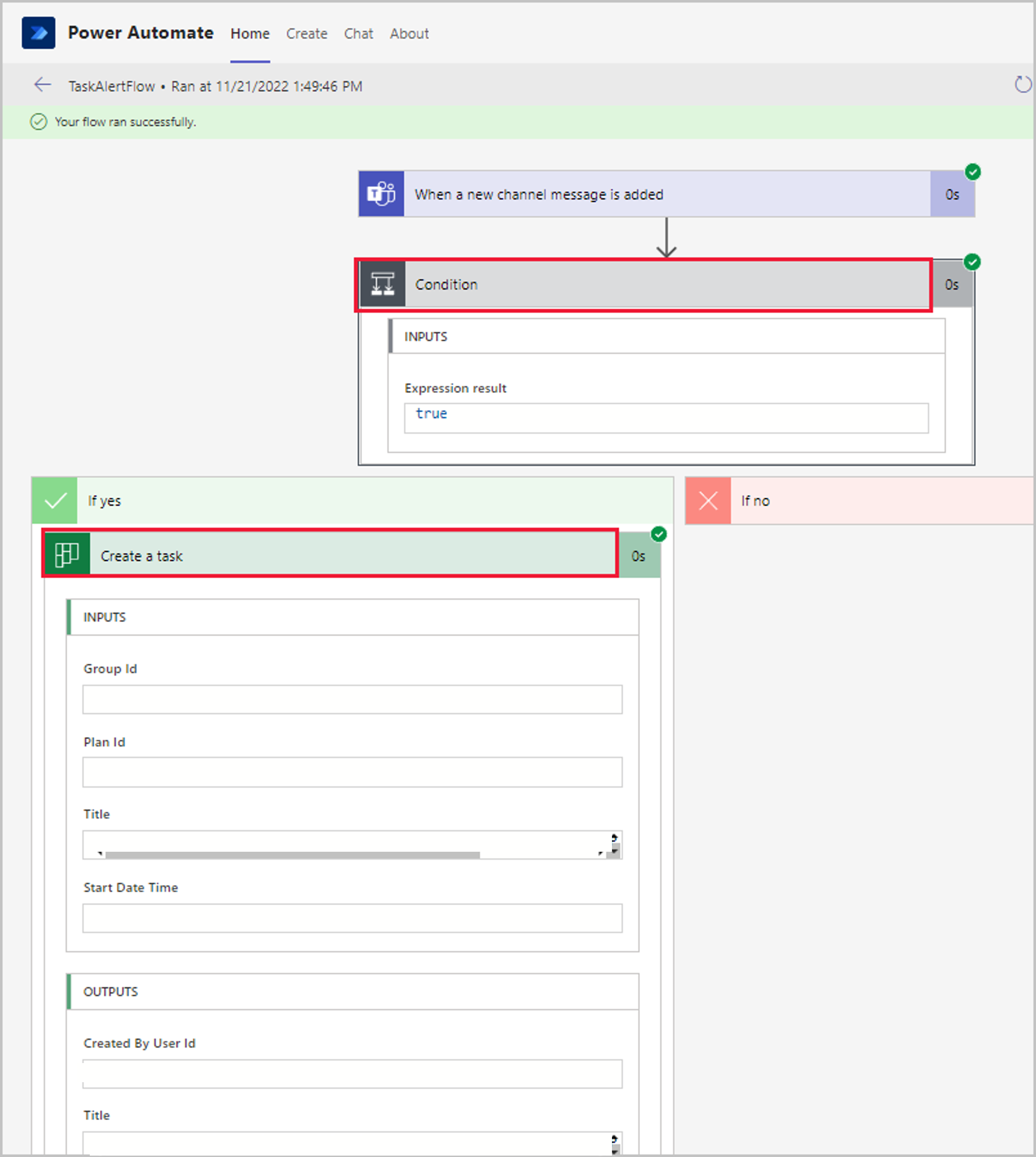 Screenshot der Power Automate-Ausführung mit der Bedingung und den hervorgehobenen und erweiterten Schritten „Eine Aufgabe erstellen“.