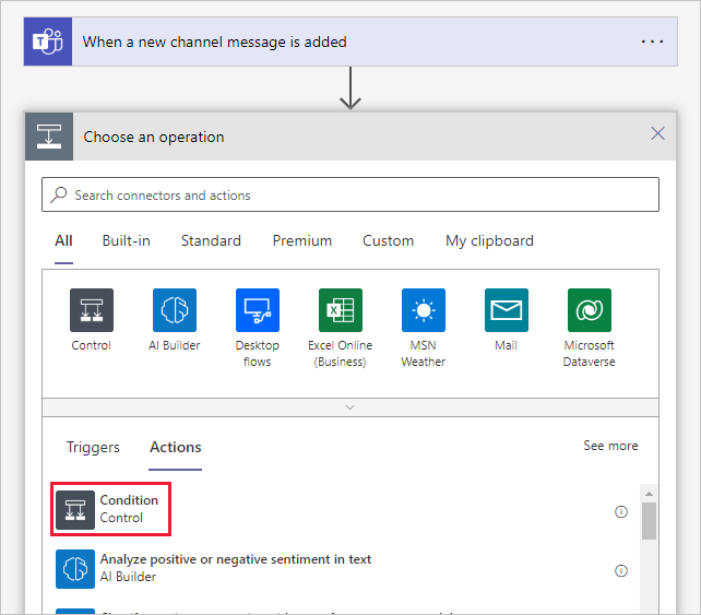 Screenshot des Felds mit der Option „Vorgang auswählen“ und hervorgehobener „Bedingung“