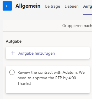 Screenshot der Planner-Anwendung mit der neuen Aufgabe